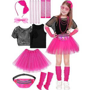 AOTHSO 14 Pieces Girls 80s Outfit Accessories Set Halloween Girls 80s Clothes Costume for Cosplay 1980s Party for Kids (X-Large, Hot Pink)
