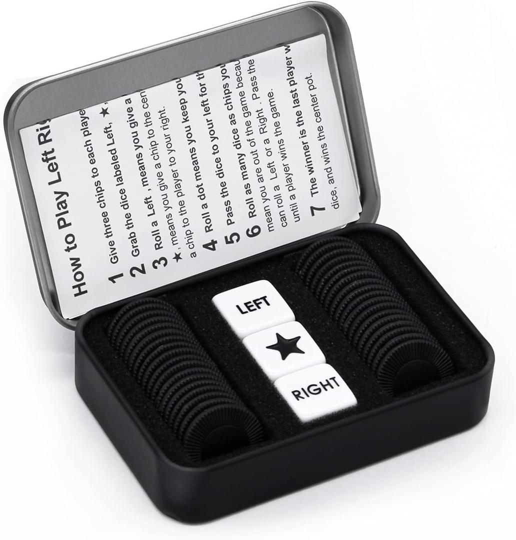 Left Right Center Dice Game Set with 3 Dices + 36 Black Chips (Black)