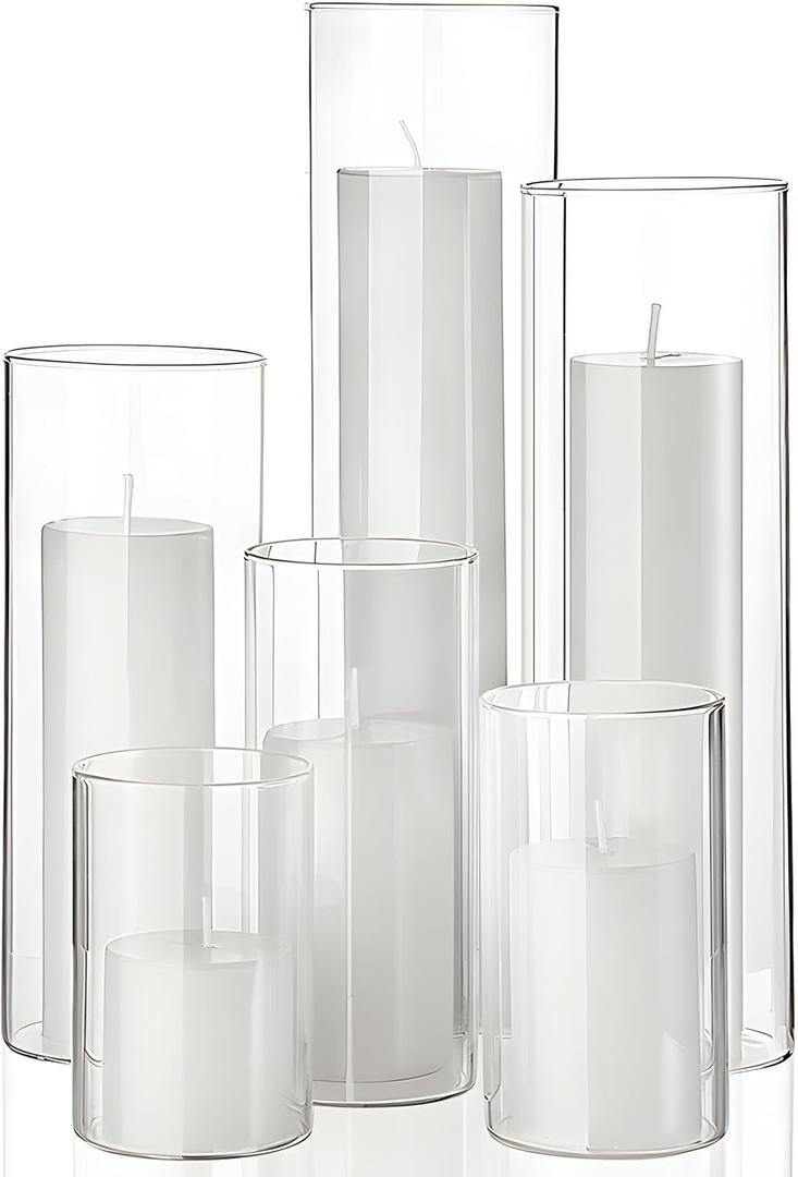 Shihanee Set of 6 Pillar Candles and Glass Cylinder Vases Assorted Sizes Cylinder Holders for Pillar Candles Home Table Centerpieces Wedding Party Decorations (White)