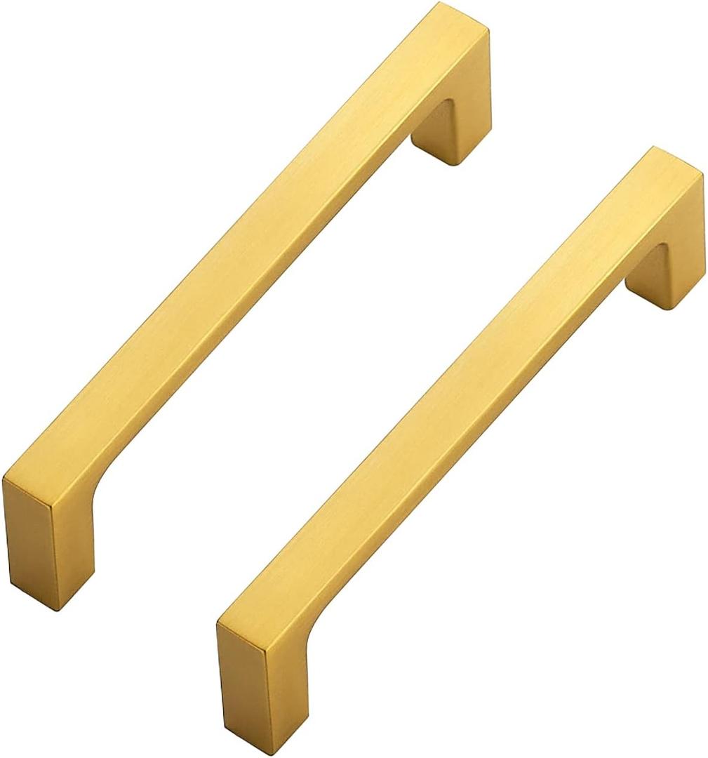 Ravinte 5 Pack Solid 4 Inch Square Cabinet Handles - Brushed Brass Drawer Pulls - Kitchen Hardware (4" Hole Center)