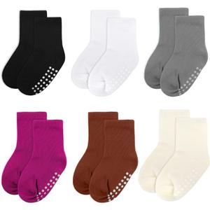 5 x 6 pack baby socks, cotton crew children's socks, non-slip grip socks, unisex, for toddlers, boys, girls, 12-24 Months (6 Pairs-black/White/Gray/Magenta/Caramel/Cream)