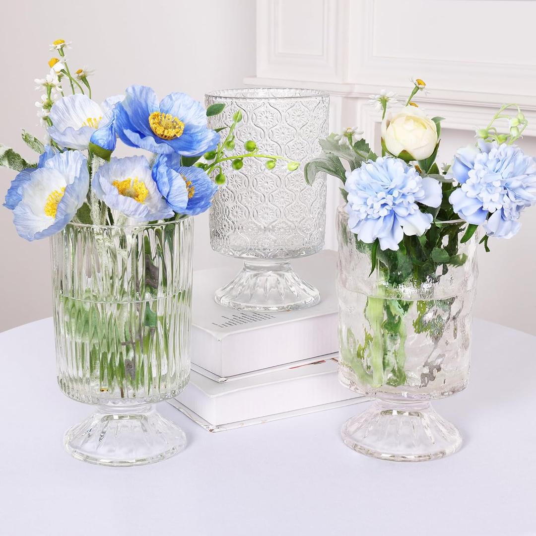 Fixwal Vases for Flowers Set of 3 Vintage Glass Vase for Centerpieces, Embossed Base Vases for Wedding Decoration (H:7" D:4"), Ribbed Glass Containers for Organization for Home Decor