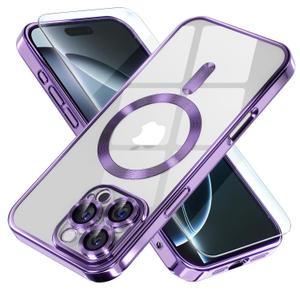 Misea Magnetic for iPhone 16 Pro Max Case Compatible with MagSafe [Never Yellowing] [Military Grade Drop Protection] Full Camera Lens Protector Plating Soft Clear Phone Case for Women 6.9", Purple