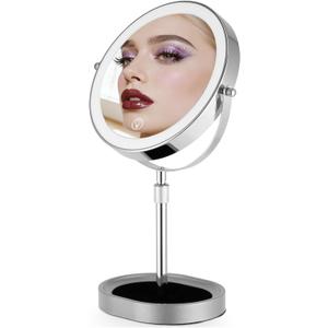 Rechargeable Adjustable-Height Makeup Mirror with 3 Color Lights,Touch Screen and Dimmable Settings,8'' Dual-Sided 1X/10X,360 Rotation Vanity Mirror with Jewelry Tray,Lighting Cosmetic Mirror