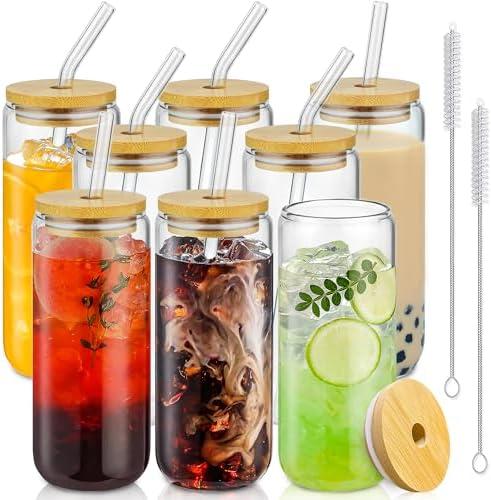 20 Oz Drinking Glasses with Bamboo Lids and Glass Straw - 5 Pcs Glass Cups Beer Ice Coffee Glasses Cute Aesthetic Cup Great for Coffee Bar Accessories Include 2 Cleaning Brushes