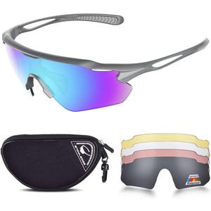 Cycling Glasses with Interchangeable Lenses, Mens Womens Polarized Sports Sunglasses, Running Baseball Cricket Sunglasses (Large, Gray-revo Blue)