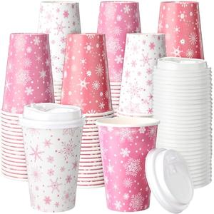Jingmore 120 Pcs Pink Snowflake Disposable Coffee Cups 12 oz Winter Coffee Cups with Lid Insulated Paper Drinkware for Hot Cold Drinks Christmas Winter Holiday Birthday Party Supplies