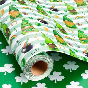 Flyhill St. Patricks Day Wrapping Paper Roll Green, Reversible Lucky Gift Wrapping Paper with Horseshoes Shamrock Gold Coins Goblin Rainbow for St. Patrick's Day, Birthday, Spring Party, Baby Shower, Celebration (17 Inch X 33 Feet)