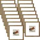 Memory Island 8x8 with 4x4 Photo Frames for Wall and Tabletop Display, 8 by 8 Walnut Wood Picture Frames with HD Plexiglass, Set of 15