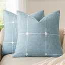 Foindtower Pack of 2 Decorative Faux Linen Jacquard Check Throw Pillow Covers Farmhouse Cushion Cover with Grid Textured Accent Pillowcase for Couch Sofa Living Room Home Decor,1616 Inch,Light Blue