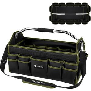 20in Foldable Open Top Tool Bags For Men Heavy Duty, Tool Carrier hard With Handle, Wide Mouth Electrician Tool Tote, Many Pockets Can Hold Many Tool, Green