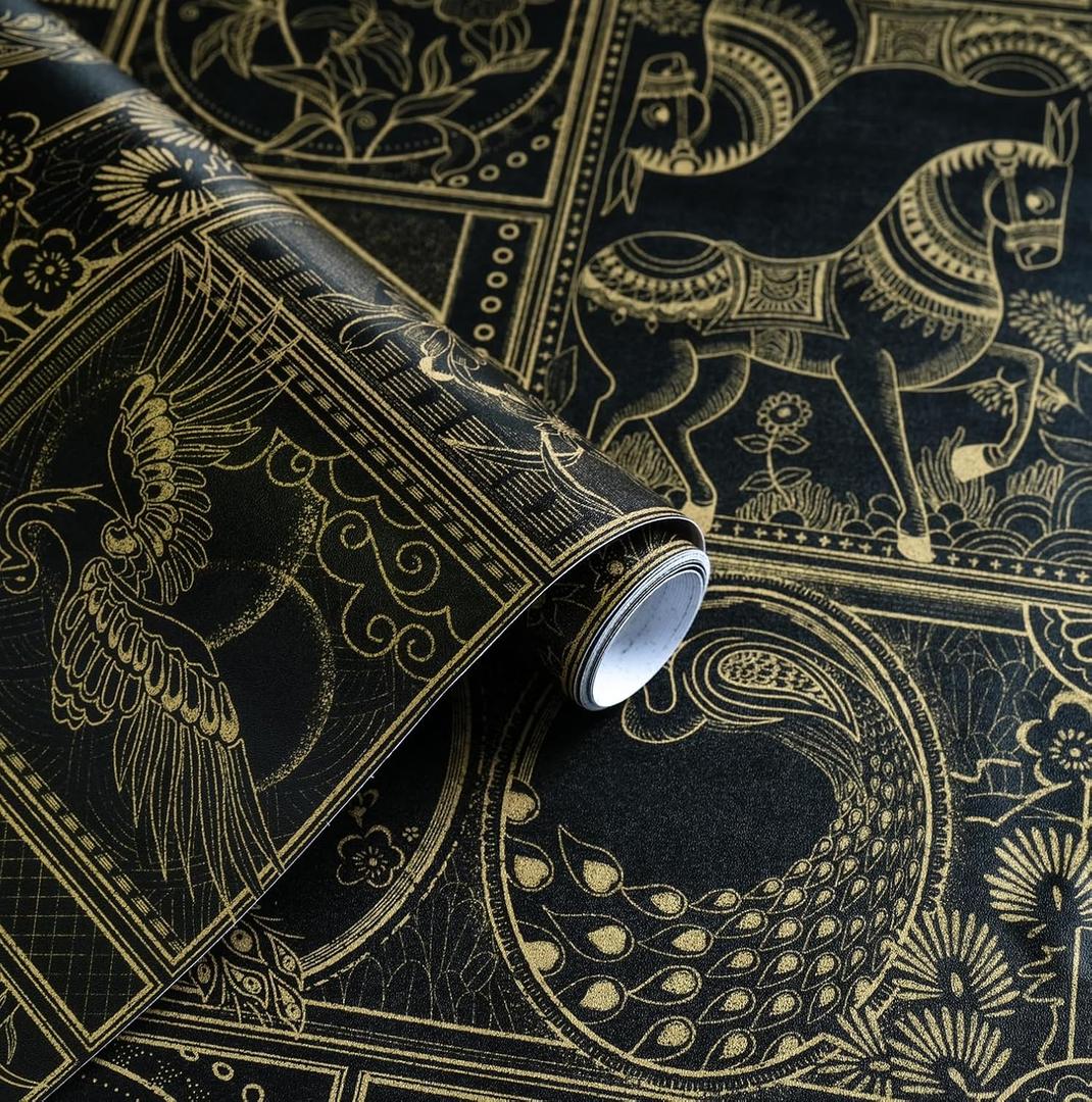 Erfoni 197"x17.7" Black and Gold Wallpaper Vintage Self Adhesive Peel and Stick Wallpaper Retro Animal Pattern Contact Paper DIY Stick and Peel Removable Wall Paper Decoration Bedroom Wall Vinyl Roll