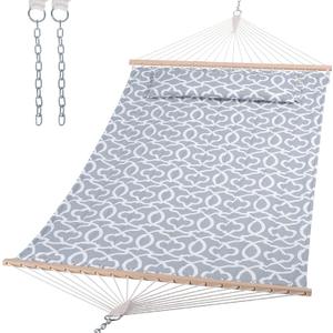 SUNCREAT Double Quilted Hammock with Hardwood Spreader Bar, Extra Large Soft Pillow, Heavy Duty 2 Person Hammock for Indoor, Outdoor, Grey Pattern,  Maximum Weight 475 pounds