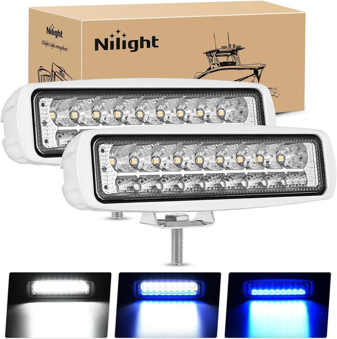 Nilight Marine LED Pods Navigation Lights 2PCS 54W Blue White Flood Beam Ponton Boat Deck Dock Lighting for Night Fishing T-top Stern Yacht Kayak Port Sailboat Trucks Tractors