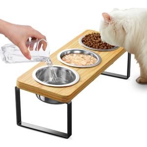 Elevated Cat Bowls with 3 Stainless Steel Bowls | 10 Tilted Anti-Vomiting Raised Cat Food Bowl for Small Cats and Puppies Pet Bowl with Stand (Bamboo)