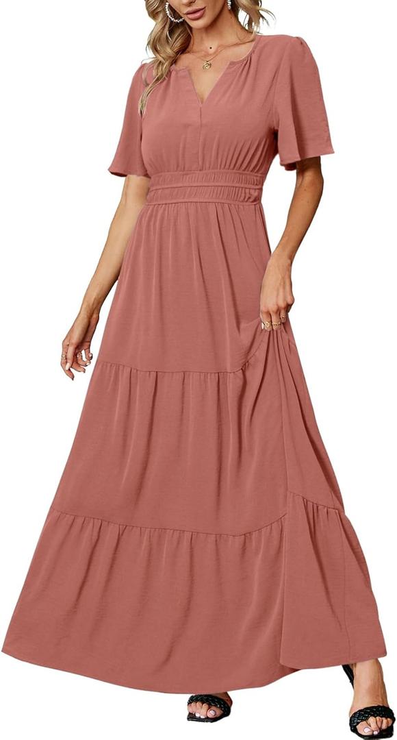 Amegoya Women's Short Sleeve V Neck Maxi Dresses Modest Empire Waist Long Flowy Boho Wedding Guest Dress (Rust Pink S)