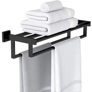 Bathroom Towel Rack with Double Towel Bar, 24 Inch Towel Racks for Bathroom Wall Mounted, Hand Towel Hanger Stainless Steel Towel Shelf Rack Bathroom Towel Storage, Black