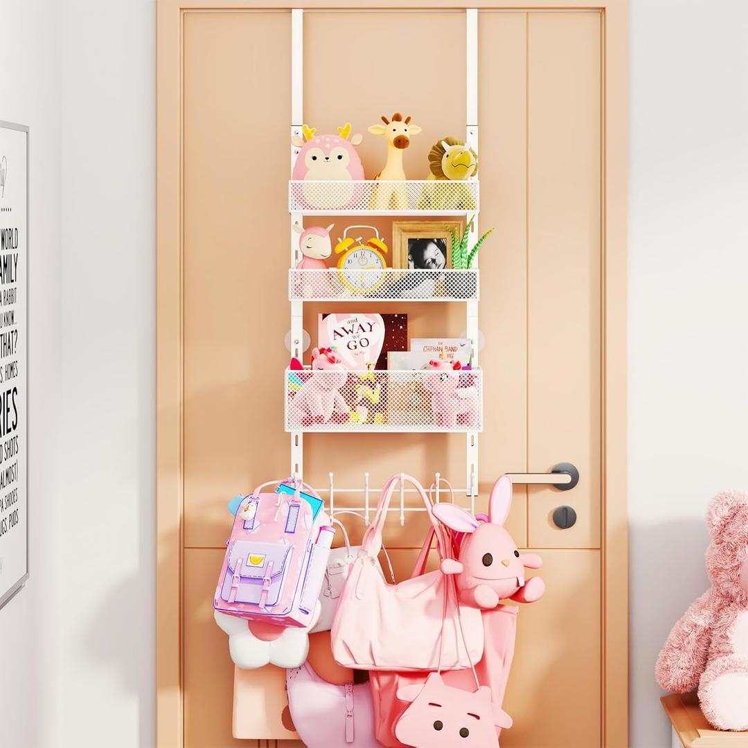 Consumest Over The Door Hooks Organizer - 4 Tier Adjustable Door Hanger with 3 Metal Basket, Hanging Coat Rack with 12 Hooks, Back Organizer for Bathroom, Living Room, Bedroom, White