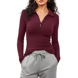 Prettywear V Neck Long Sleeve Shirts for Women Trendy Casual Fitted Collared Basic Cute Polo Tops Button T-Shirt 2025 Fall Clothes Burgundy, Large