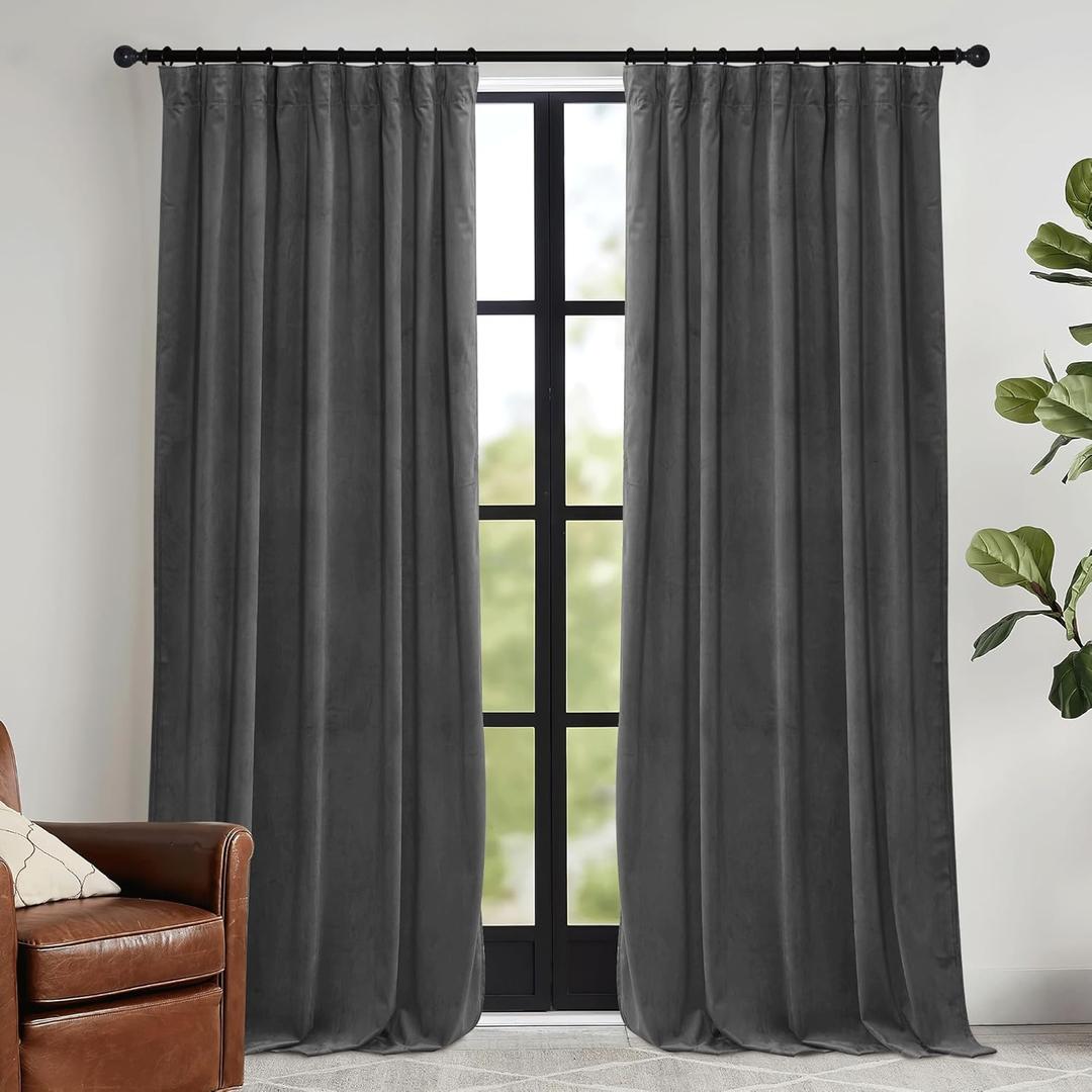 RYB HOME Velvet Blackout Curtains for Bedroom - Super Soft Room Darkening Curtains Thermal Insulated Drapes Heat Block Window Panels for Living Room, Wide 52 x Long 96, Grey, 2 Panels