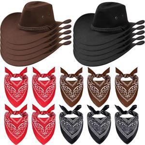 20 Pcs Cowboy Hat and Bandana Vintage Cowboy Costume Set Unisex Cowboy with Bandana Scarf Party Accessories (Black,coffee)