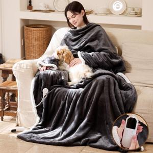 Wearable Heated Blanket with Foot Pocket - Electric Blanket with Sleeves, Portable Heated Throw Blanket for Women Men, Heated Snuggie with 8 Heating Levels, 1 to 12 Hours Time Settings, 70" x 50"