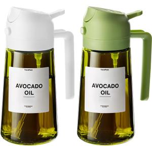 TrendPlain - 16oz Olive Oil Dispenser for Kitchen - 2 in 1 Olive Oil Dispenser and Oil Sprayer - Olive Oil Dispenser Bottle w/Stickers - Olive Oil Sprayer for Cooking 2Pcs White&Green (Light Blockage)