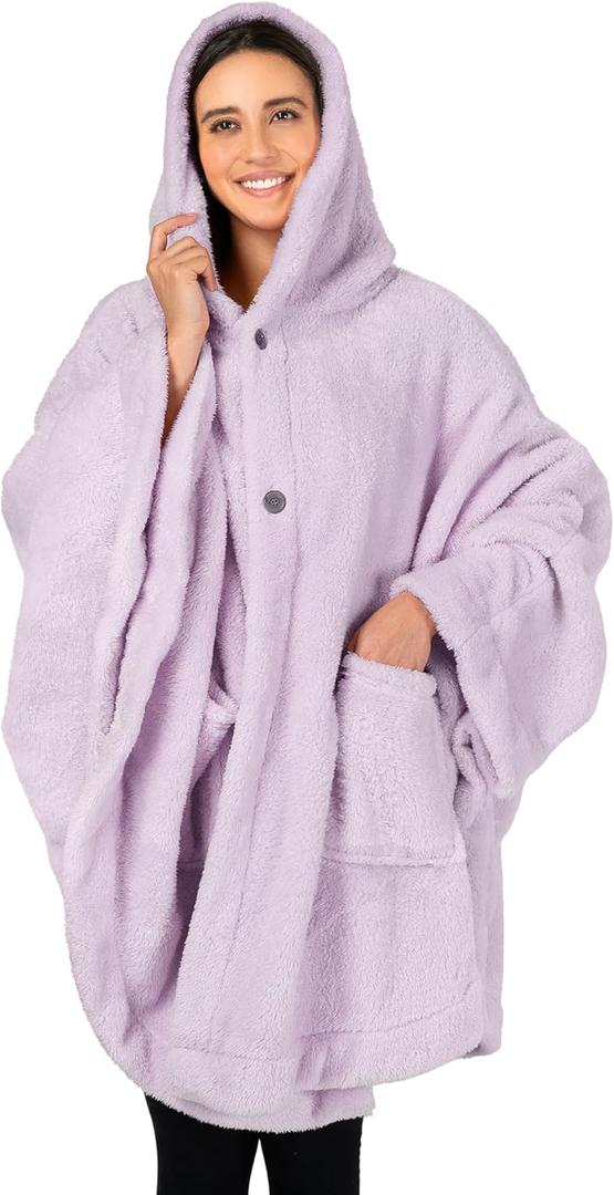PAVILIA Angel Wrap Hooded Blanket Poncho, Wearable Blanket Throw Wrap Poncho for Women Adult, Cozy Fluffy Sherpa Shawl Cape (Lavender Purple)