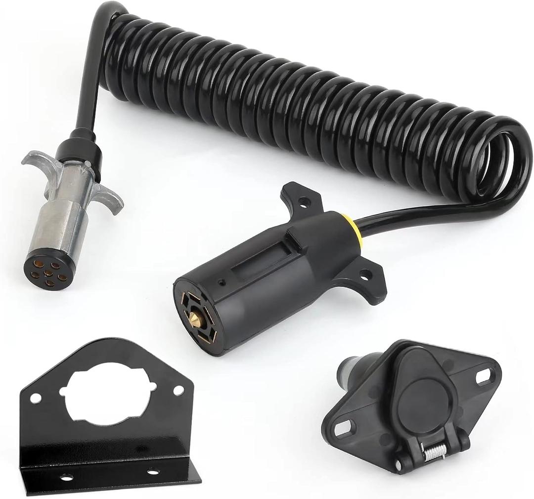 7 Wire to 6 Wire Trailer Plug Cord Adapter,7-Way Blade to 6-Way Pin Towing Wring (Tool trio), Coiled Cable with Female Receptor