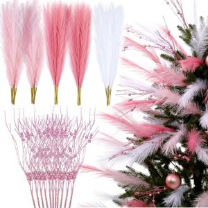 72 Pcs Pink Christmas Tree Picks Decoration Set 60 Pcs Fluffy Pampas Grass 12 Glittered Christmas Berries Stems Ornament for Holiday Tree Wreath Vase Home Table Decor