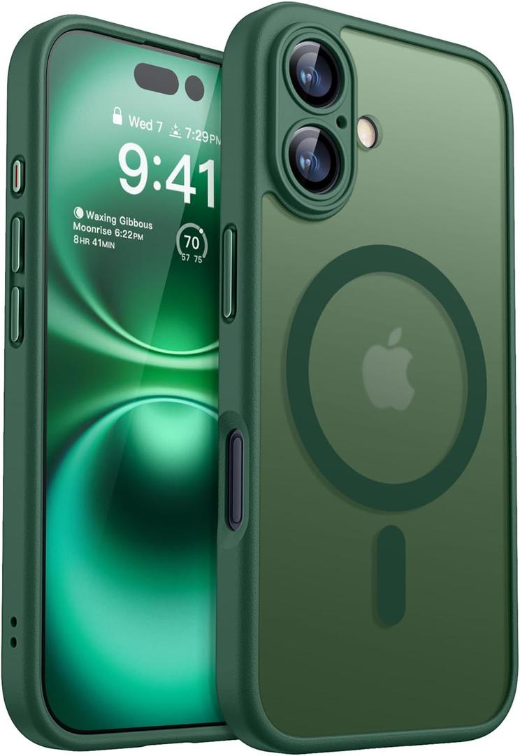 CANSHN Magnetic for iPhone 16 Case, Upgraded [Full Camera Protection] [Compatible with Magsafe] [Translucent Matte] Shockproof Protective Phone Case for iPhone 16 - Deep Green