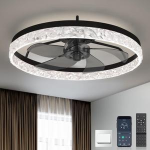 19'' Modern Ceiling Fans with Lights, Low Profile Flush Mount Remote Reversible Ceiling Fan Black