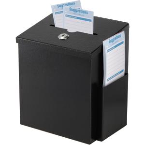 TOPZEA Suggestion Box with Lock, Wall Mounted Ballot Donation Box Collection Box, Metal Freestanding Suggestion Box with 50 Free Suggestion Cards, Key Drop Box, Black, 9"x 7.4"x 6"