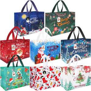 Large Christmas Gift Bags with Handles, 8-Pack Reusable Non-Woven Large Tote Bag Christma's Wrapping Bags Bulk for Gifts Christmas Holiday Bag Xmas Party Favors Supplies 12.8"9.8"6.7" with Gift Tags (Colorful-003-8Pcs)