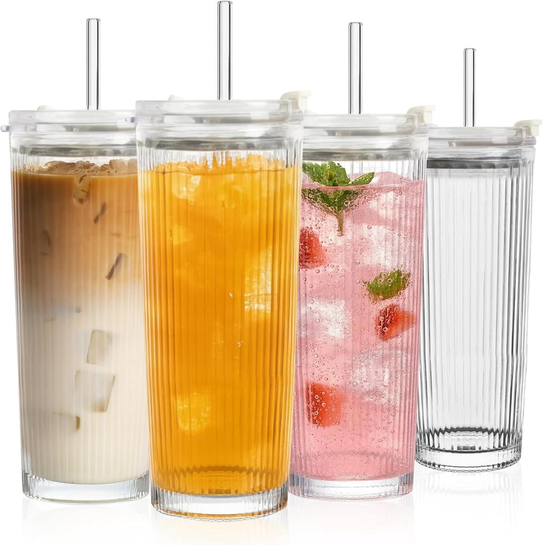 WERTIOO 20 Oz Ribbed Glass Tumblers with Straw and Lid, Glassware Drinking Glasses Set of 4, Leak Proof Ice Coffee Cups Reusable, Thickened Glass, Ideal for Iced Coffee, Smoothies and Juices