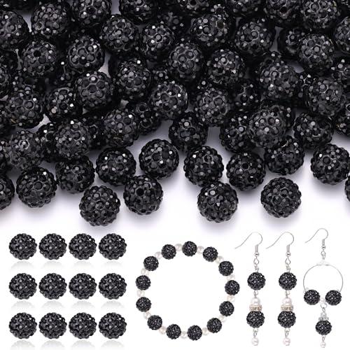 120pcs 10mm Rhinestone Beads for Jewelry Making, Black Shiny Round Shamballa Disco Ball Beads Bulk, Sparkle Crystal Clay Christmas for Bracelet Baseball Necklace Earring Crafting and DIY