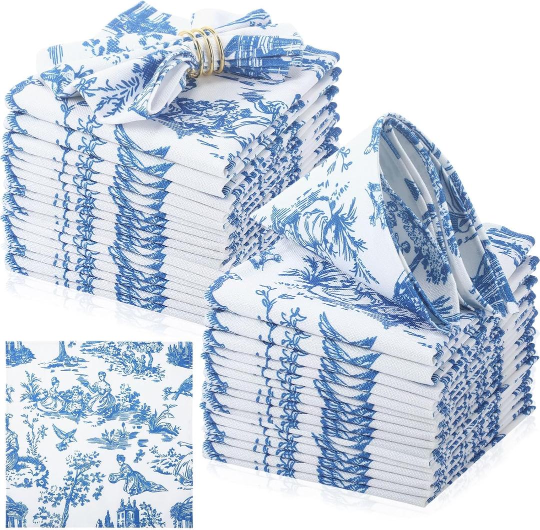 24 Pcs Blue Cloth Napkins Country French Dining Napkins 18" x 18" Blue Floral Reusable Cloth Napkin Rustic Table Decorative for Fall Christmas Holiday Party Supplies