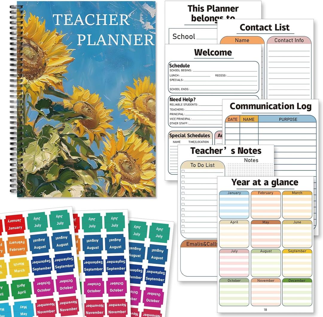 Teacher Planner Book for Yearly, Weekly & Monthly Lesson Planner, January-December Yearly Planner A4 Size with Checklist, Notes, School Teacher Supplies for Classroom Organization - Sunflower