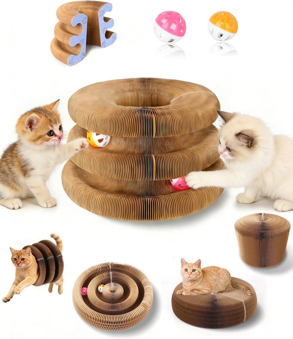 Upgraded Double Layer Curls Cardboard Cat Toy, Magic Organ Cardboard Cat Scratcher with Cat Toy Ball Track for Kitten Kitty, Foldable Accordion Interactive Cats Ball Toy for Indoor Cats