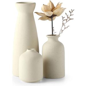 CEMABT Beige Ceramic vase Set-3 Small Flower vases for Decor,Modern Boho Farmhouse Home Decor,Decorative vase for Pampas Grass&Dried Flowers,idea Shelf,Table,Bookshelf Entryway- Distressed