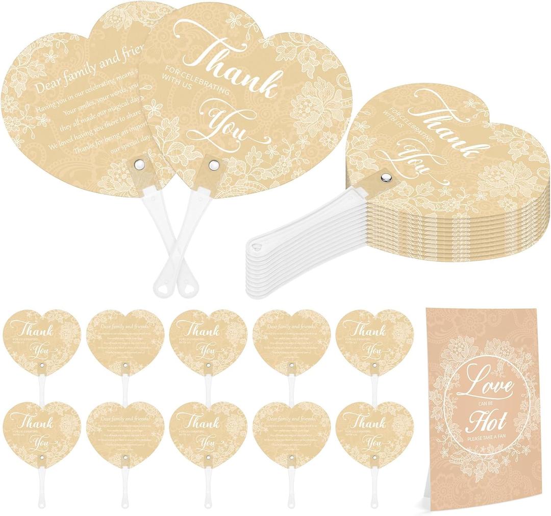 Aneco 120 Pieces Wedding Hand Plastic Fans with Wedding Table Sign Handheld Plastic Fan with Handle for Guests Bulk Wedding Hand Fans for Wedding Ceremony Bridal Shower, White Lace