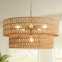 23.6" Boho Rattan Chandelier, 6-Light Large Rattan Pendant Light with 2-Tier Wicker Shade, Bohemian Farmhouse Ceiling Light Fixture Chandelier for Dining Room, Living Room, Bedroom, Kitchen Island