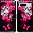 Case for Pixel 7a,White Tiger Butterfly Leather Flip Phone Case Wallet Cover with Card Slot Holder Kickstand for Google Pixel 7a