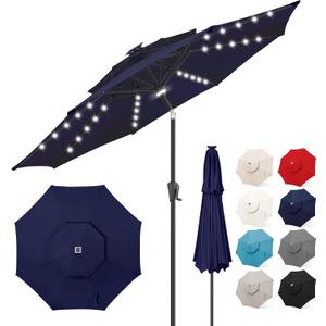 FLAME&SHADE 2 Tiers 9ft Solar Light Patio Umbrella, 40 LED lights outdoor umbrella with Centre Surround Light, Table Market Umbrella for Deck, Pool, Porch, Backyard, Garden (Navy Blue), 9 FT Double Top