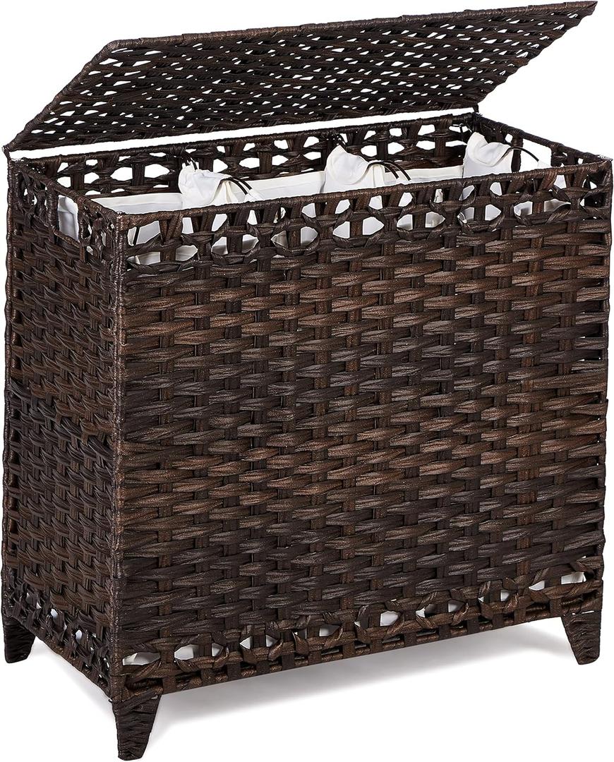 Laundry Hamper with 3 Removable Liner Bags; 132L Handwoven Rattan Laundry Basket with Lid & Heightened Feet; Clothes Hamper with Side Handles; Laundry Sorter with 3 Separate Sections (Brown) (132L (25.98x13x26.57 Inches))