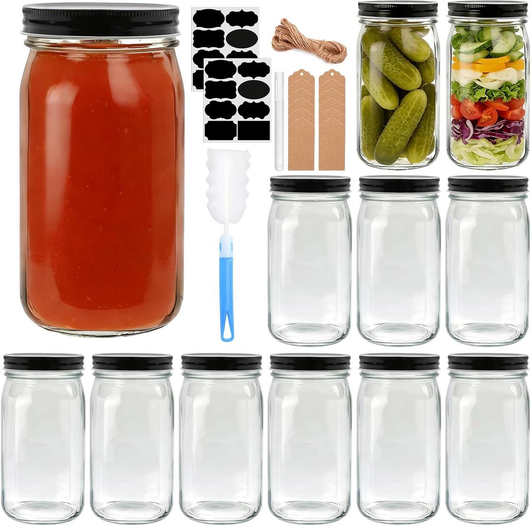QAPPDA 32 OZ Glass Jars with Lids Set of 12,Clear Wide Mouth 1000ML Glass Mason Jar with Airtight Lid,Durable Glass Food Storage Canning Jars for Pickles,Jams,Preserving