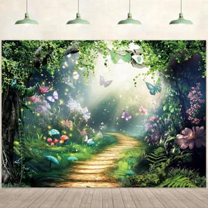Imirell Fairy Tale Backdrop 7Wx5H Feet Enchanted Woodland Green Spring Butterfly Flower Yellow Brick Road Polyester Fabric Princess Magic Photography Backgrounds Photo Shoot Decor Props Decoration