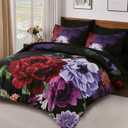 WONGS BEDDING Black Comforter Set King Size, 7 Pieces Floral Bed in a Bag Set, Luxury Red Flower Bedding Set, Soft Microfiber for All Season with Pillowcases & Shams,Sheets(90"104")