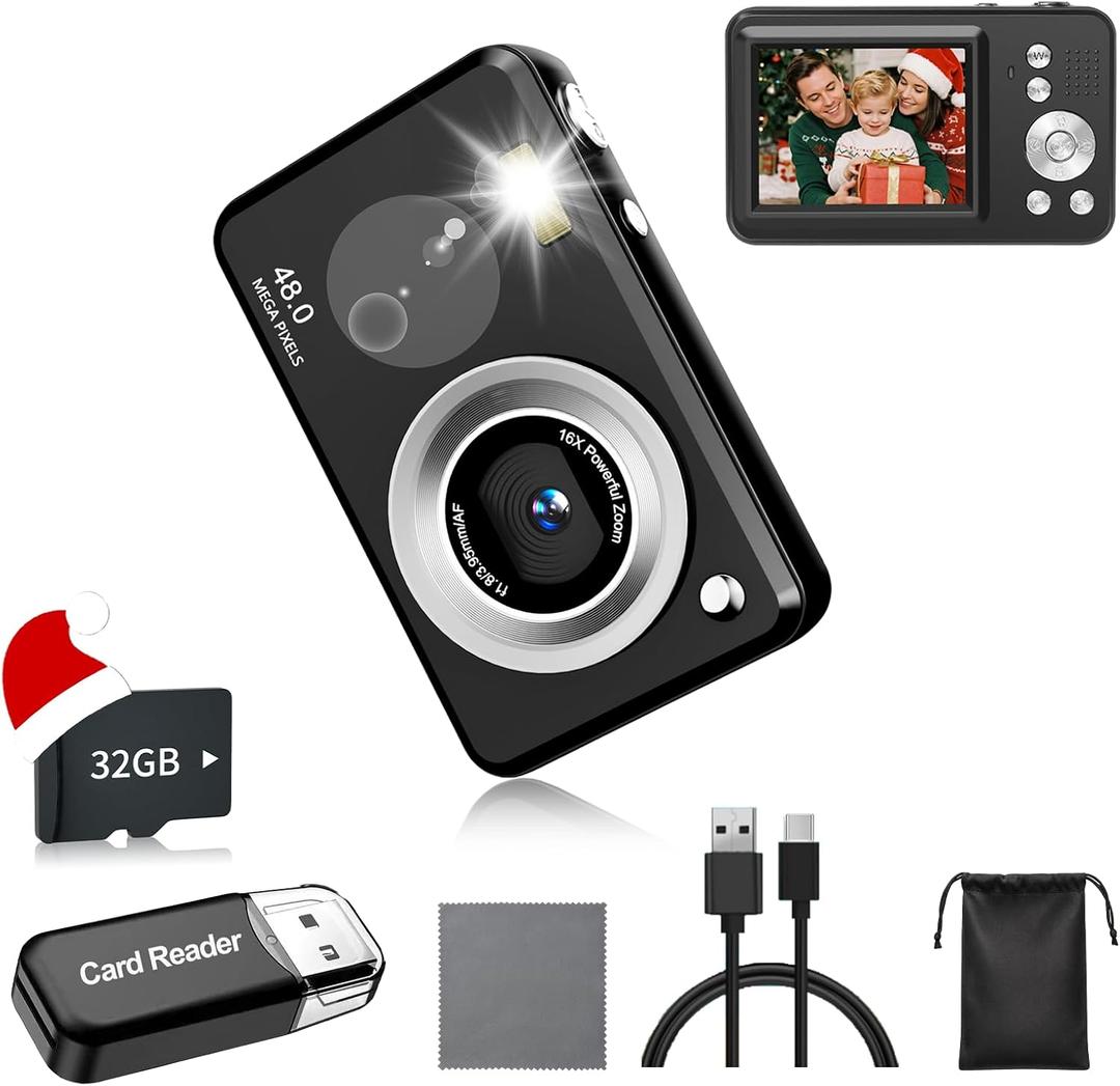 Digital Camera, FHD 1080P Point and Shoot Kids Camera, with 32GB Card,16X Zoom Anti Shake,48MP Compact Portable Small, for Starter Kid Children Teen Student Girl Boy