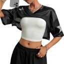 MakeMeChic Cropped Jersey Shirts for Women Half Sleeve Y2k Crop Tops Shrugs V Neck Graphic Tee (Small, Black)